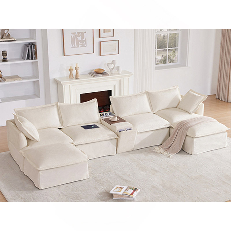 Canapé modulaire de 131 po avec repose-pieds mobile et console, porte-gobelet, siège large, canapé en U de 6 places, canapé en chenille surdimensionné avec chargeur USB pour le salon, appartement, 2 couleurs