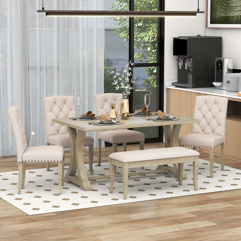 Shanequah 6-Piece Farmhouse Dining Table Set, Rectangular Trestle Table and 4 Upholstered Chairs & Bench for Dining Room,dining room set,dinning table set