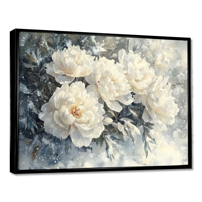«Snow Draped Peony Blooms II» - pivoines, art mural, H 12 po x l 20 po, Cadre flottant noir
