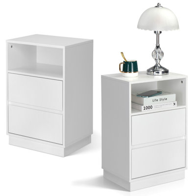 15.7" White Nightstand, P2 Particleboard, Matte Melamine, Beveled Drawer, 2 Drawers (2 Pcs)