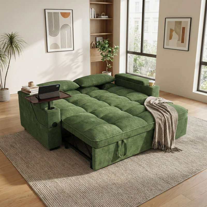 65'' Wide 3-in-1 Convertible Sleeper Sofa with Side Table, Green