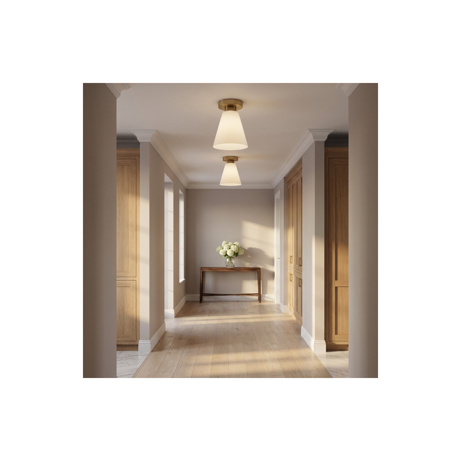 Senda One Light Flush Mount, Satin Brass, White