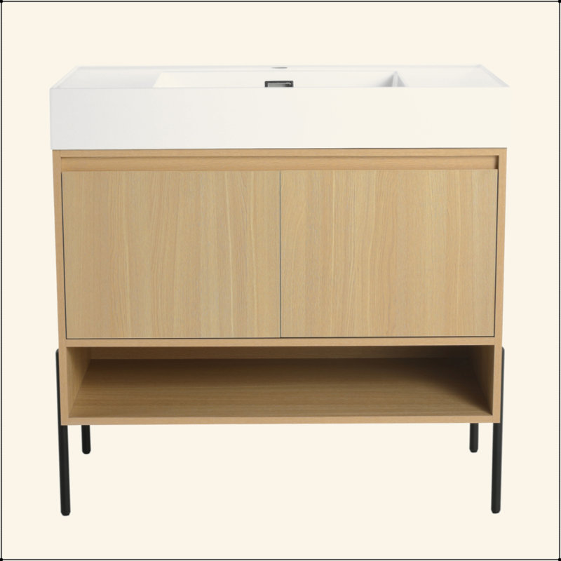 Ensemble de meuble-lavabo 36 po avec lavabo simple en résine, ensemble d'armoires de rangement modernes 2 portes, bois massif multicouche