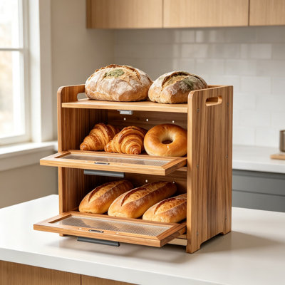 Grande boîte à pain en bois pour comptoir de cuisine avec planche à découper, contenant à double couche avec fenêtre en acrylique et bouches d'aération, poignées incluses, garde le pain fait maison frais