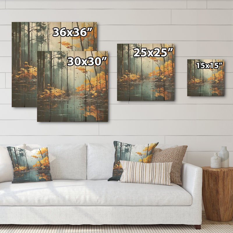 Forêt d'automne «Solitude I», art mural sur bois de pin naturel, H 25 po x l 25 po