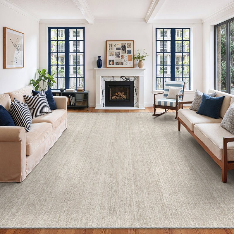 Tapis lavable à rayures rétro antidérapant (beige), Rectangle 9 pi x 12 pi, Beige