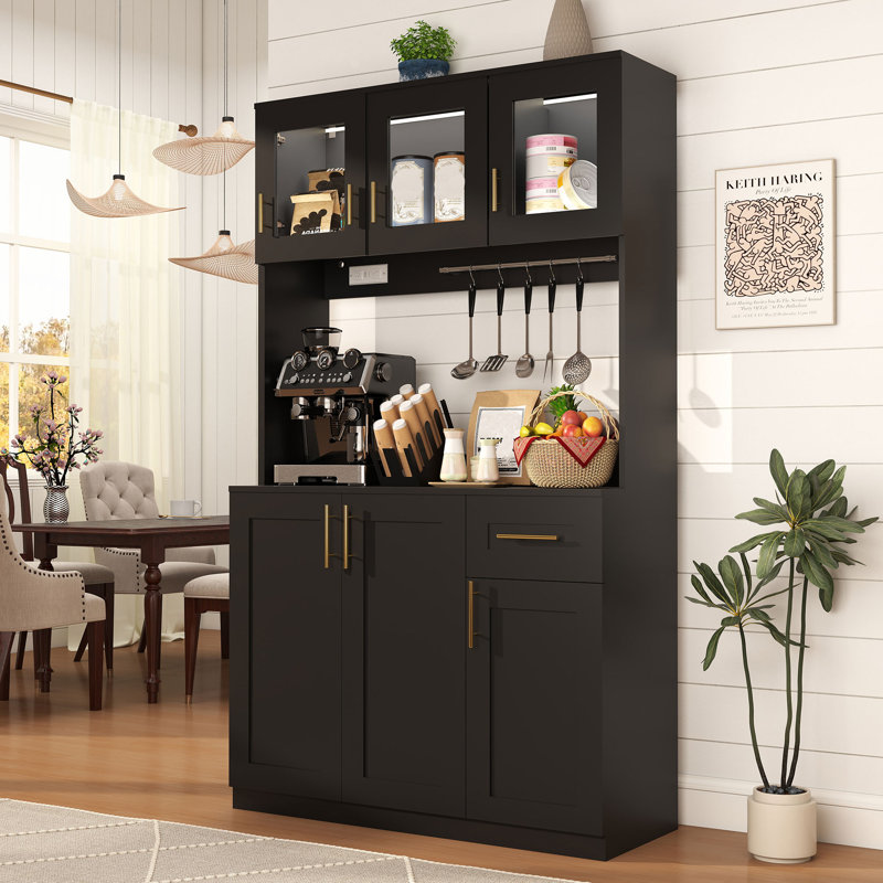Armoire de cuisine 71 po H avec prise de courant, huche, portes en verre et tiroir, Noir