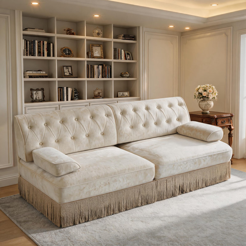 Canapé modulaire de style Chesterfield, capitonné à boutons, jupe de frange à franges sur le plancher, facile à assembler