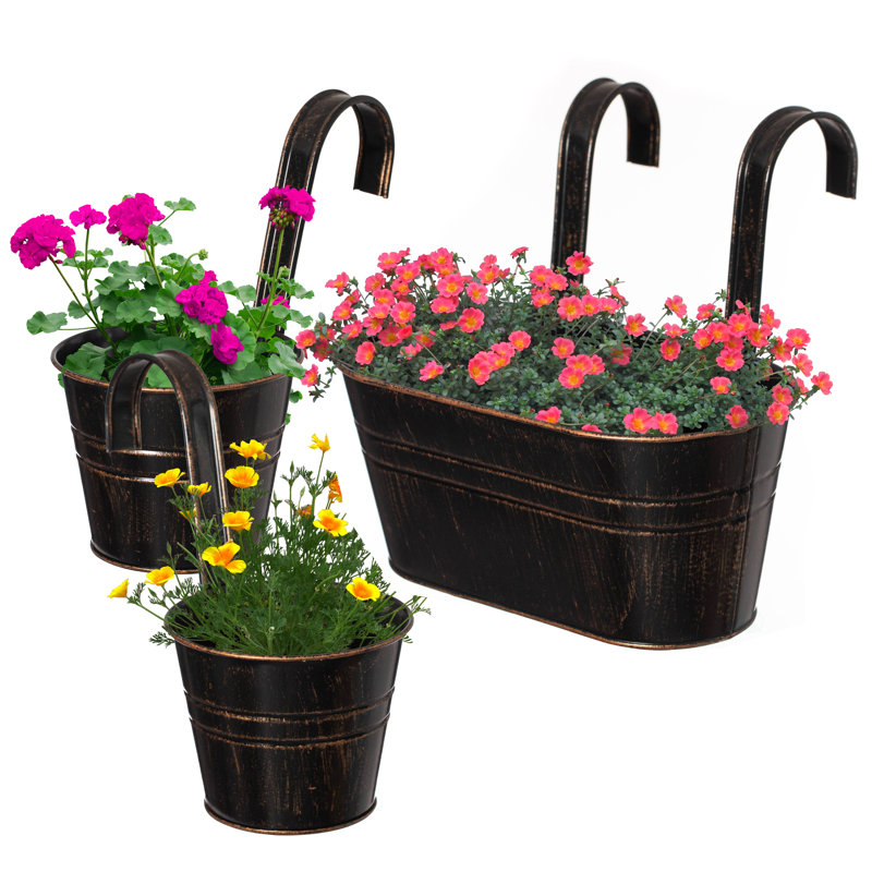  Set Of 3 Metal Hanging Railing Planters With Detachable Hooks Decorative Outdoor Set For Balcony Patio Deck Or Fence Ideal For Displaying Flowers Succulents Herbs And Cascading Plants