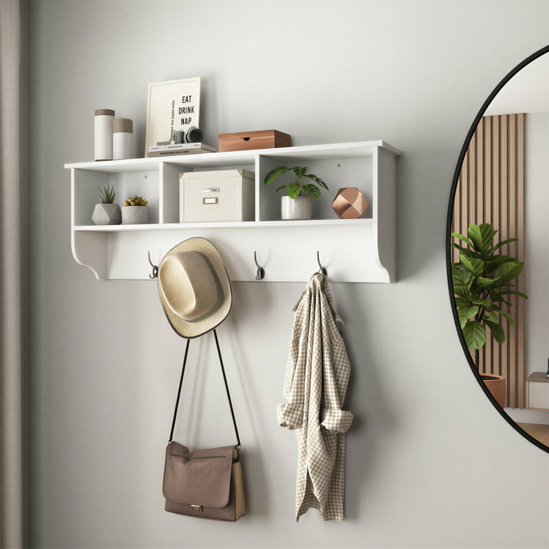 Portemanteau mural blanc avec tablette, portemanteau mural avec crochets et tablette de rangement pour vestibule