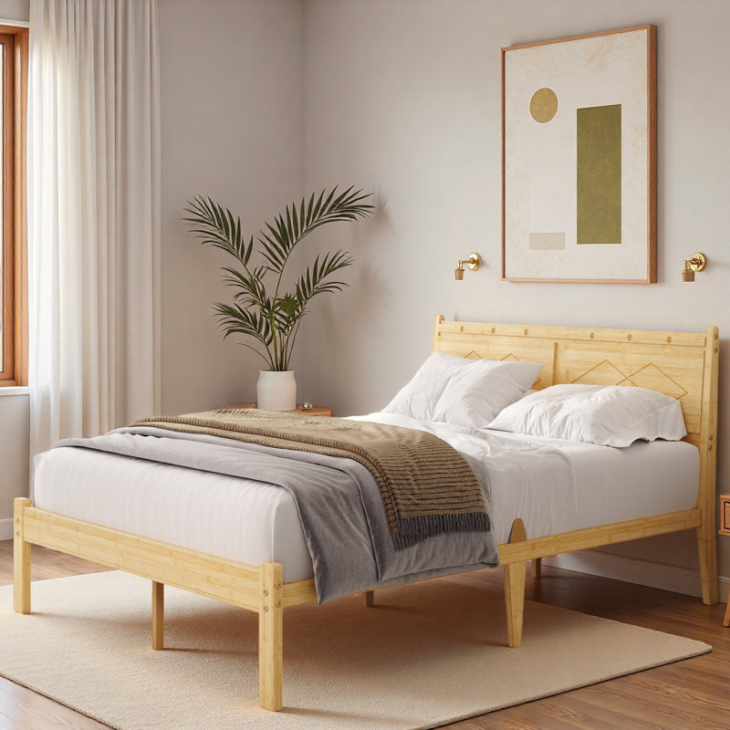 Structure de lit grand en bambou naturel de 14 pouces, lit plateforme robuste de style moderne de ton chaud avec tête de lit inclinée ergonomique à 98 °, sans grincement, aucun sommier tapissier requis