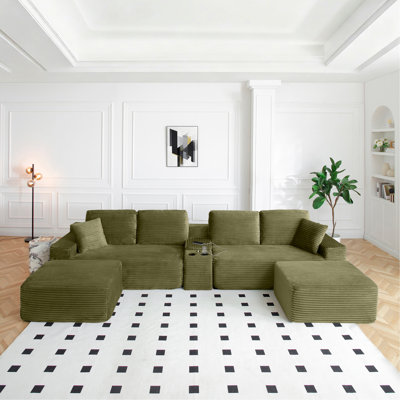 Canapé modulaire surdimensionné de 150 po, canapé Cloud avec assise profonde, canapé en L avec porte-gobelets et ports USB, canapé rembourré en velours côtelé pour le salon, vert