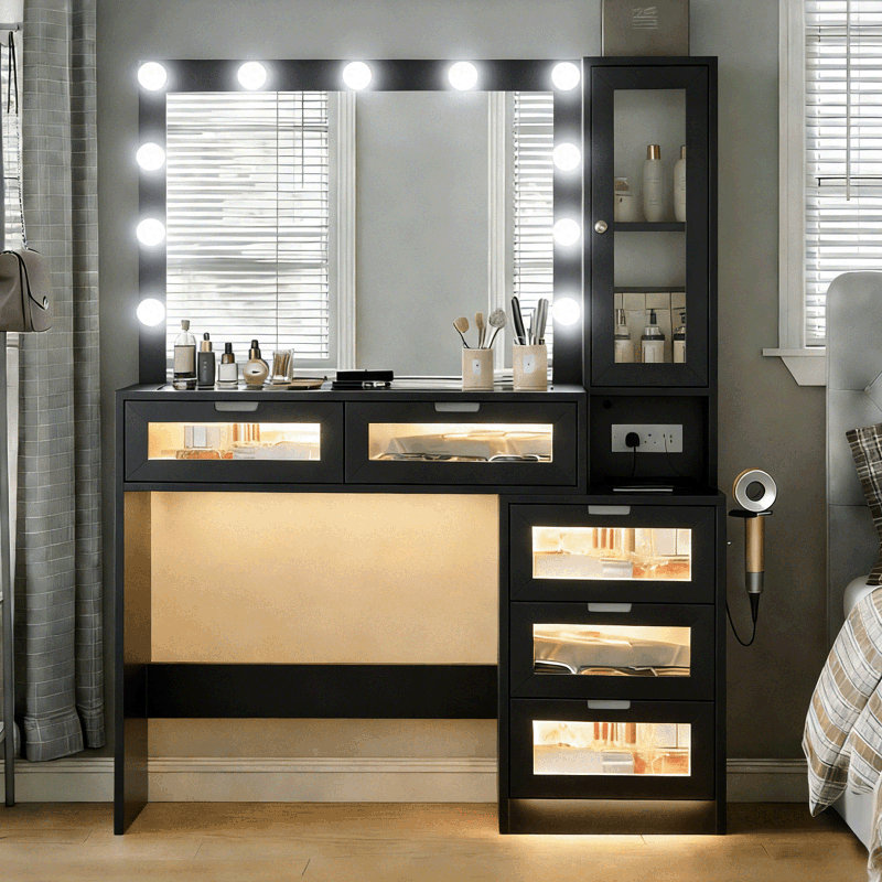 43'' Farmhouse Makeup Vanity Desk with Charging Station, Big Modern Lighted Vanity Table RGB Drawer, Dressing Table for Bedroom with 5 Drawers & Storage Shelves,Black