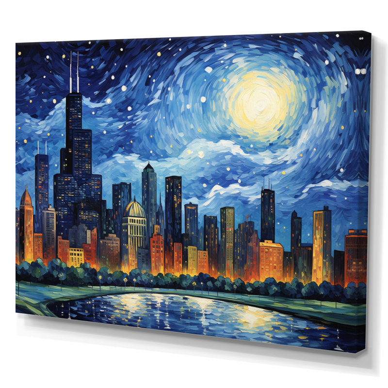 «Chicago The Starry Night», art mural sur toile Chicago, 16" H x 32" W, Toile tendue