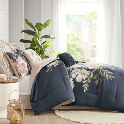 Édredon bleu marine 8 pièces - Garniture en tissu de coton de style Shabby Chic brodé et coussins Lavable à la machine Grand imprimé floral 2 taies décoratives européennes, jupe de lit