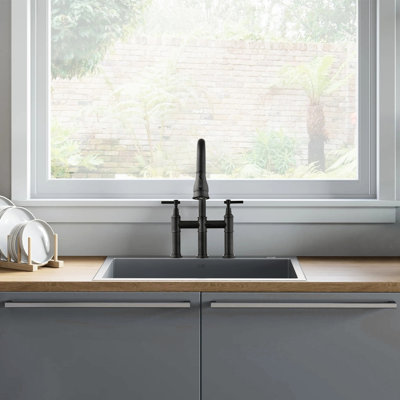 Matte Black Double Handle Kitchen Faucet With Bridge Style & Pull-Down Spray, , 304, 1.5Gpm Rate, 8.85" Reach, 9.25" Height And Corrosion ,