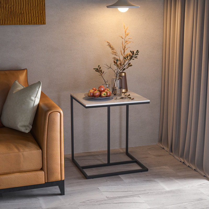 Marble Top Side Table C-shaped Sofa End Tables Black Frame Couch Laptop Desk Bedside Tables For Living Room