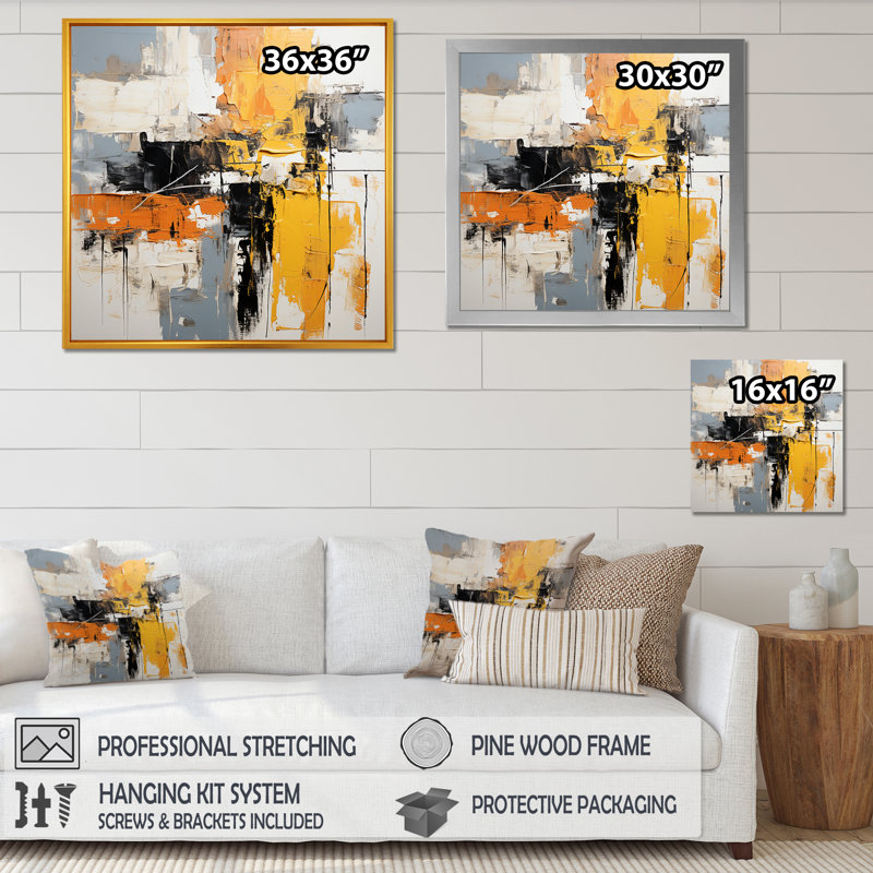Art abstrait sur toile, collage abstrait jaune et noir II, Cadre flottant doré, H 30 po x l 30 po x P 1,5 po