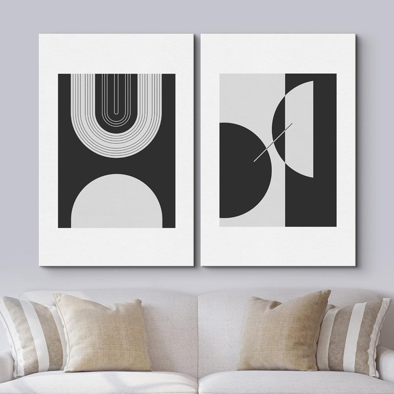 Mid-Century moderne boho noir et blanc demi-cercle arches formes abstraites minimaliste sur toile, 2 pièces, Toile tendue