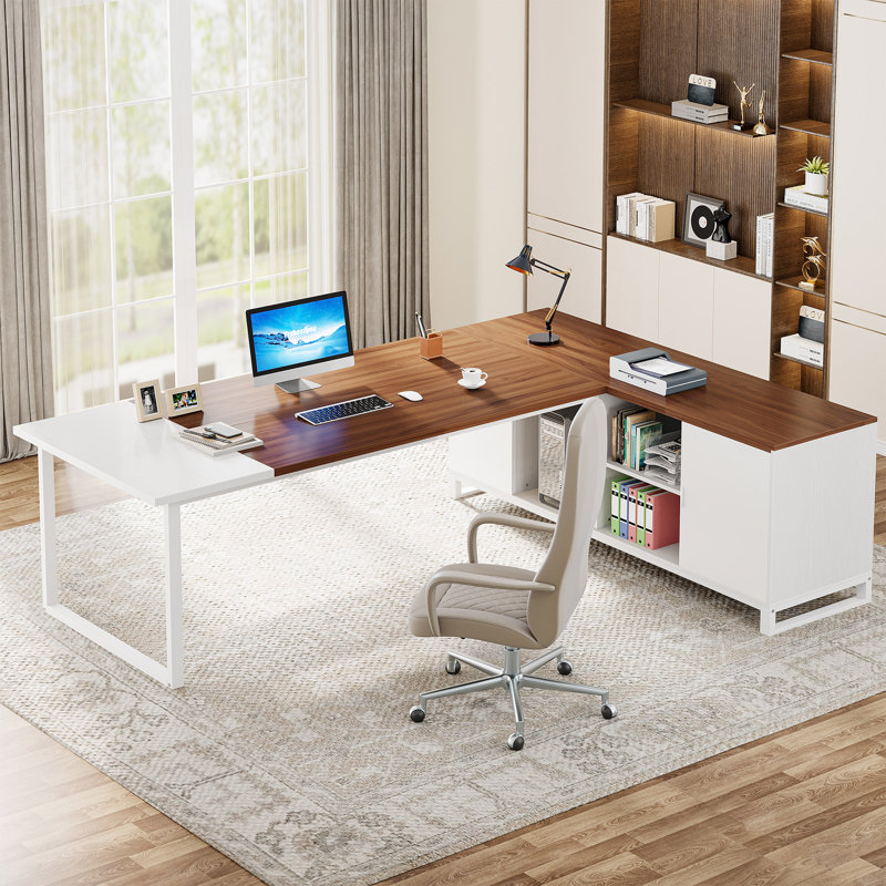 Elishia L-Shaped Executive Desk with Storage Cabinet, Walnut/White