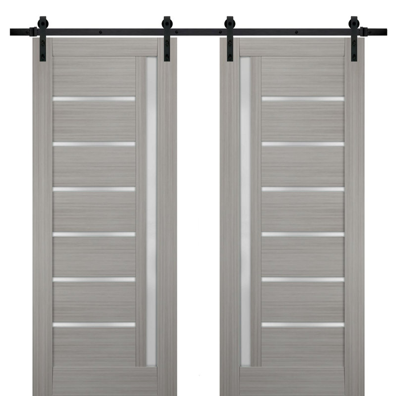 Portes de grange en bois manufacturé avec panneau de verre givré Quadro et ensemble de quincaillerie d'installation, Noir mat
