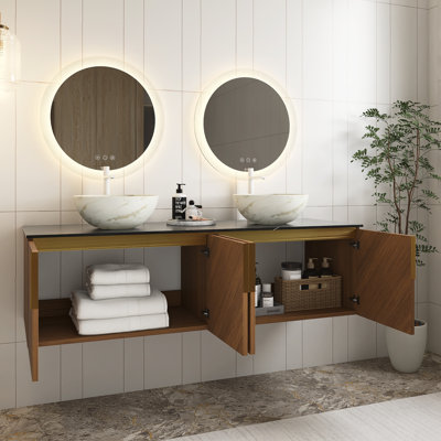 Meuble-lavabo de 60 po en contreplaqué 60 po, armoire de rangement flottante pour salle de bain avec 4 portes, 2 cuves blanches en céramique avec motif en pierre et comptoir en pierre frittée noire, couleur grain de bois chêne brun