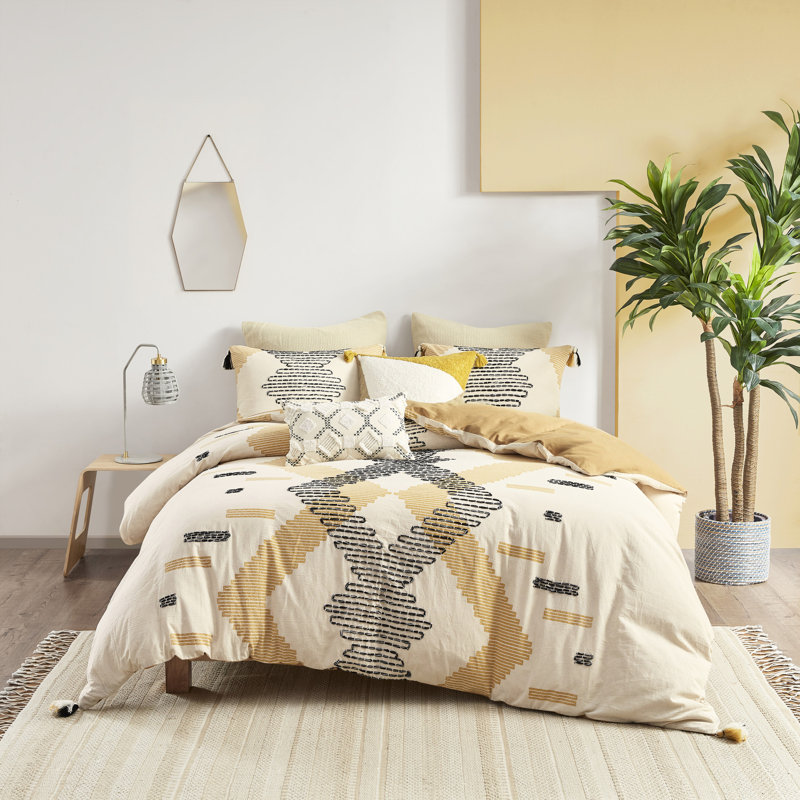 Housse de couette en coton double / grand, imprimé géométrique jaune et gris, broderie torsadée, fermeture à boutons, 4 attaches de coin, motif gris lavable à la machine, décor