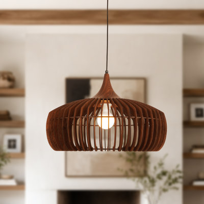 1-Light 3-Color Dimmable Walnut-Striped UFO Pendant Light with Adjustable Cable