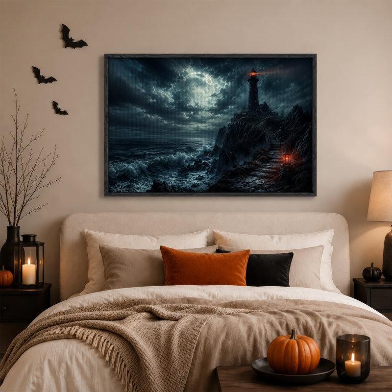 Art sur toile, "Phare sur une falaise rocheuse sous la pleine lune", H 18 po x l 24 po