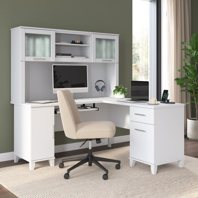 Paelynn 60” L-Shaped Desk with Hutch and Storage, Corner Computer Office Desk, Modern Wood, White