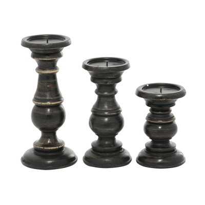 Mango Wood Turned Style Pillar Candle Holders (Set of 3)