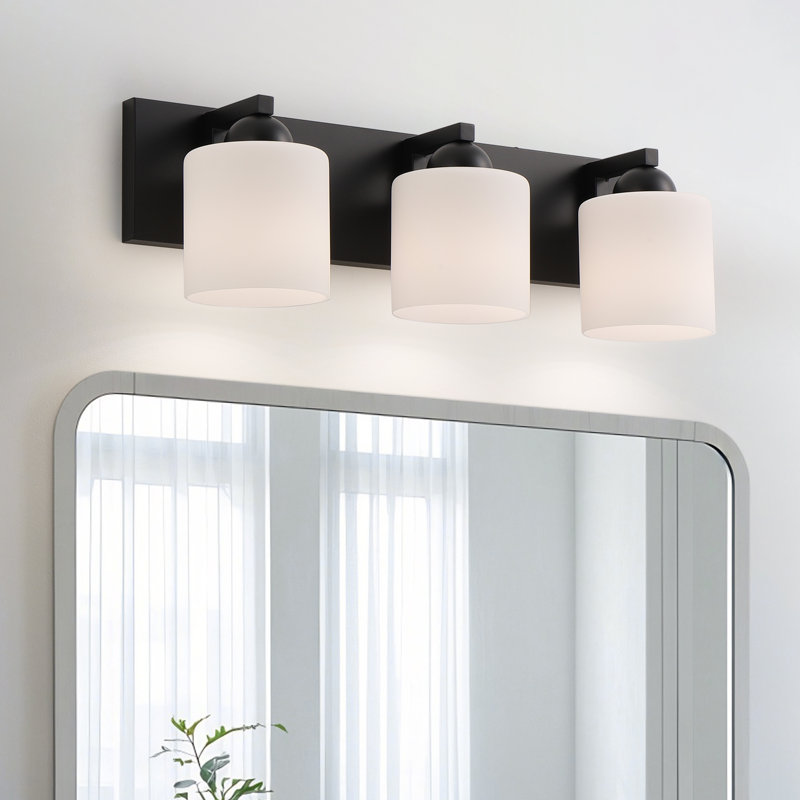 Luminaire de meuble-lavabo 3 lumières avec abat-jour en verre opale, Noir mat, 3