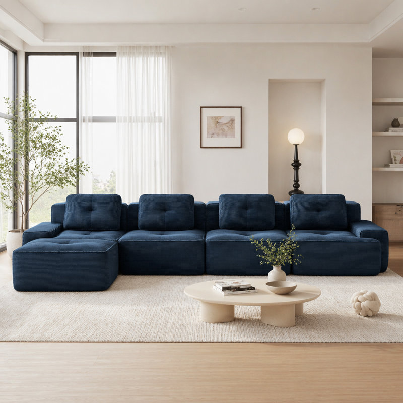 Canapé moderne en velours côtelé, Blue -4Seat+1Ottman