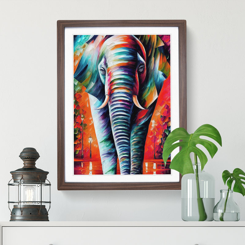Colourful Elephant No.2 - Wall Art, 48cm H x 36cm W, Walnut Framed, White
