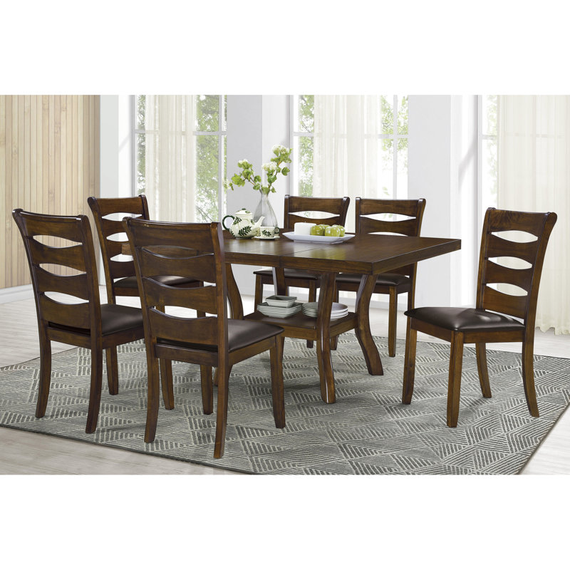 7 pièces de salle à manger avec chaises à feuilles et en similicuir autoportantes - table en bois brun 6 pièces