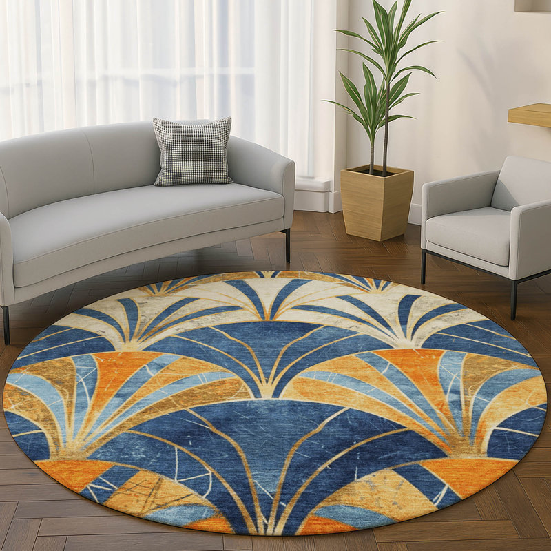 Premium Machine Washable Mayfield geometric Rug, Blue, 8' Round
