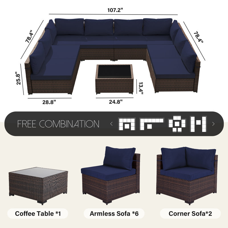 9-piece wicker patio conversation sets with cushions, Navy Blue