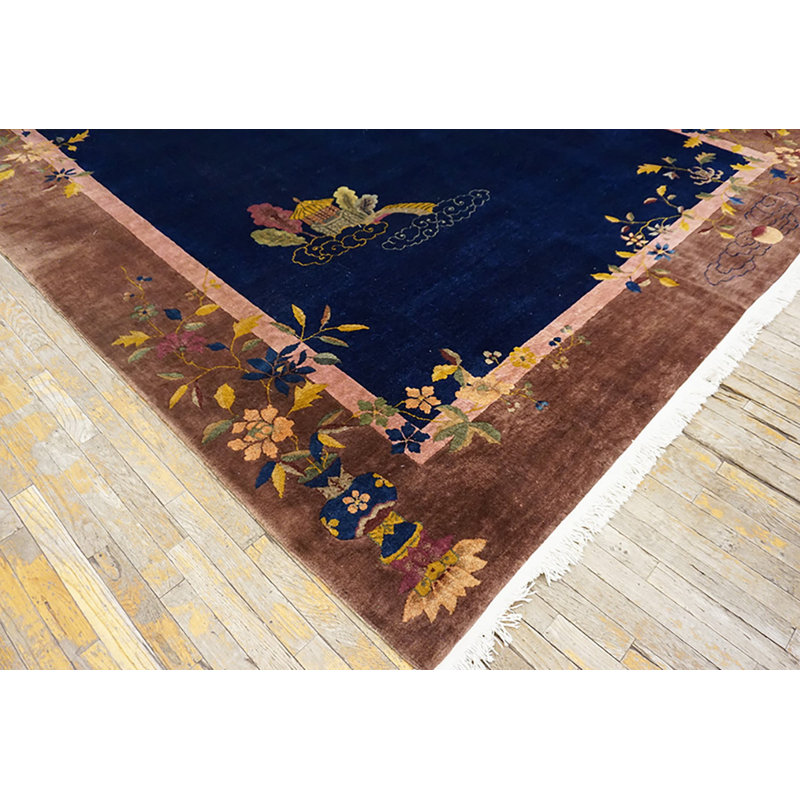 Tapis bleu antique en laine noué à la main de style art déco des années 1920