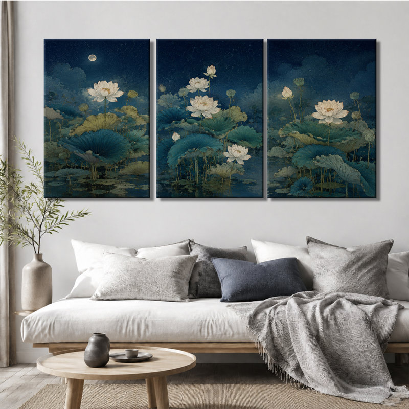 3 panneaux muraux, nuit, lune, lotus, étang, impression sur toile, 12 * 18 pouces * 3