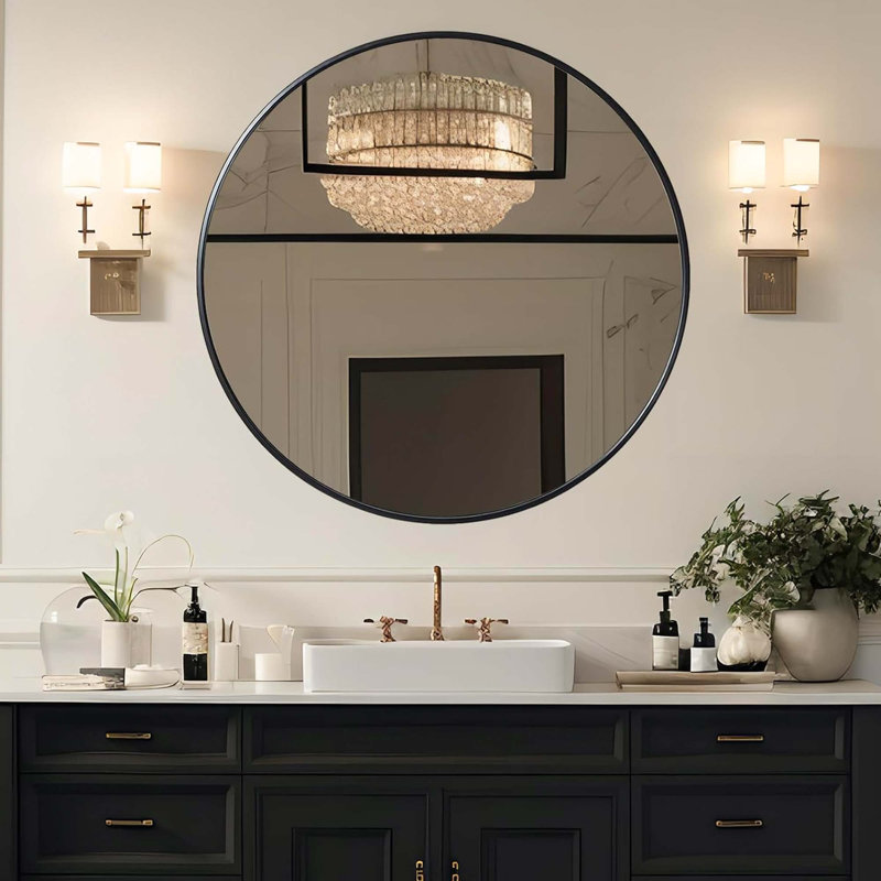 Miroir de salle de bain en métal, 39 po x 39 po, Noir, Rond