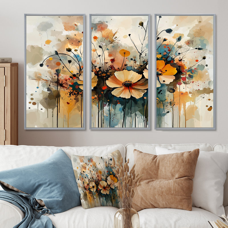 «Wildflowers Blooming Abstract Symphony I», ensemble de 3 fleurs sauvages, H 28 po x l 36 po, Argent argent