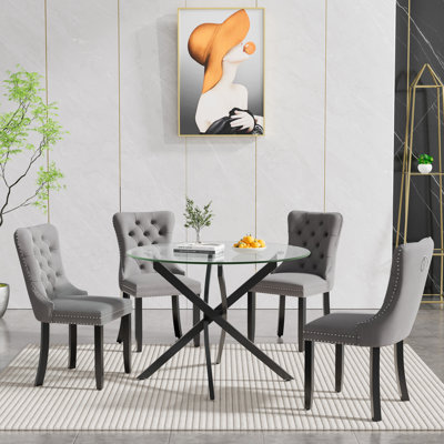 36" Glass Dining Room Table Set for 4, 5-Piece Round Black Dining Table with Metal Legs,  4pcs Velvet Upholstered Chairs with Wood Legs, Glass Kitchen Table and Chairs Set