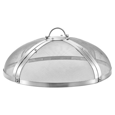 Pare-étincelles pour foyer extérieur, rond, 48 cm (19 pouces), couvercle en maille d'acier inoxydable, idéal pour terrasse, jardin, camping et fêtes. Résistant aux températures élevées, bloque les étincelles, couleur argentée. Poignée et tisonnier inclus.