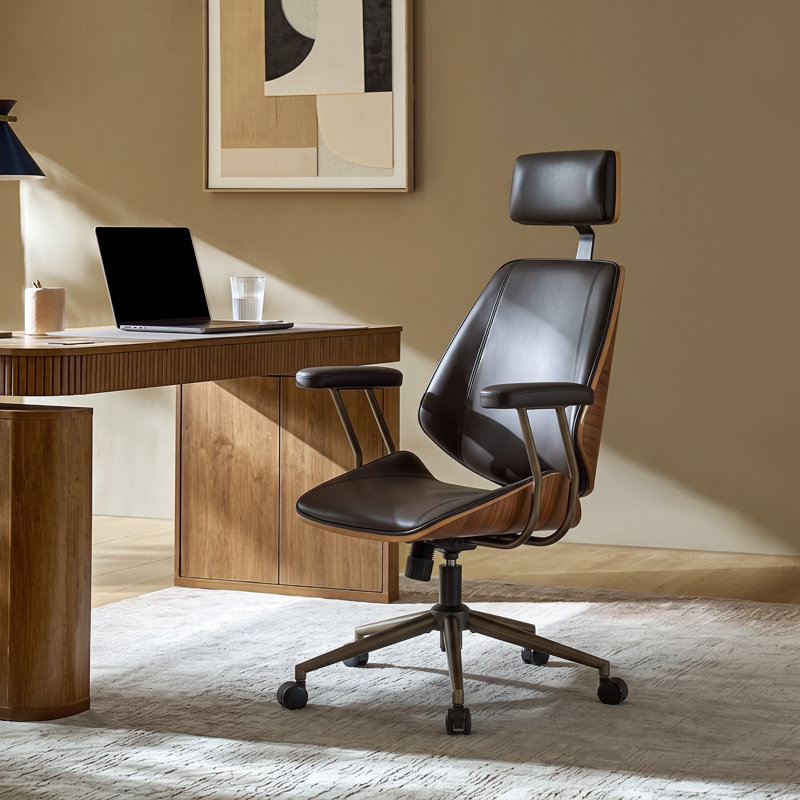 Fauteuil de bureau ergonomique en similicuir de style milieu du siècle et fauteuil de direction pivotant, Noir