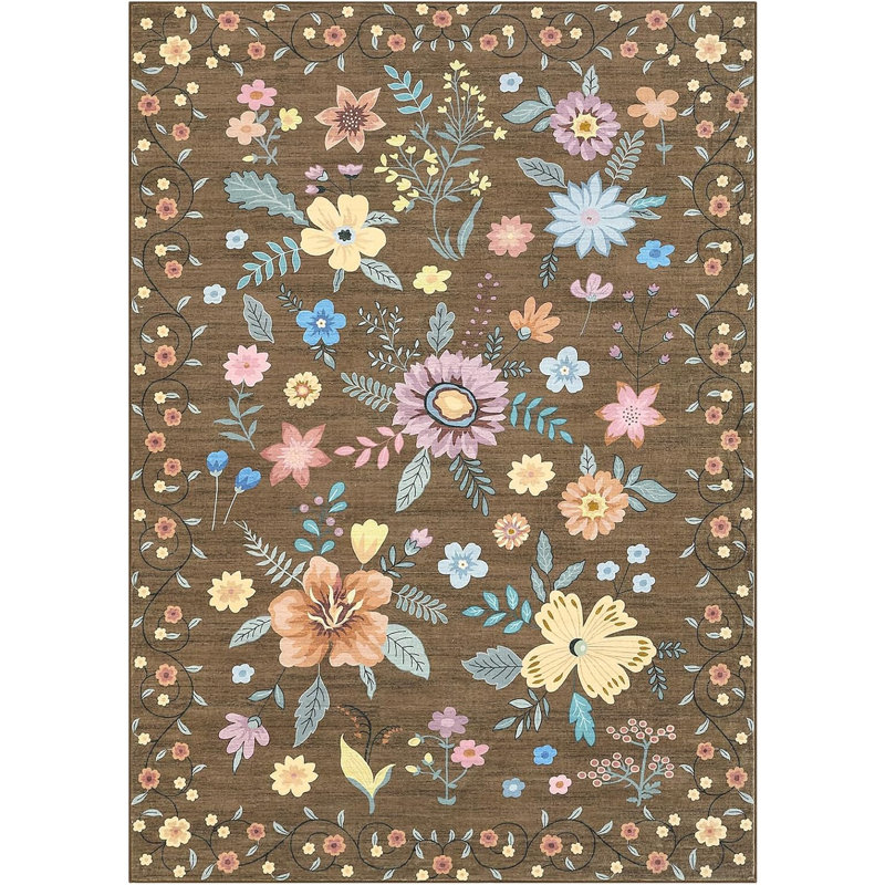 Non-Slip Runner Rug, 2x6 Floral Low Pile Kitchen and Hallway Carpet, Ultra-Thin Indoor Floor Mat for Bedroom, Black