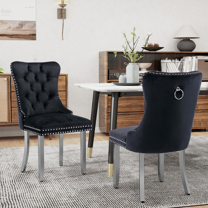 Crossland Velvet Dining Chairs, Tufted Dining Room Chairs with Nailhead Ring Pull Trim for Kitchen, Black