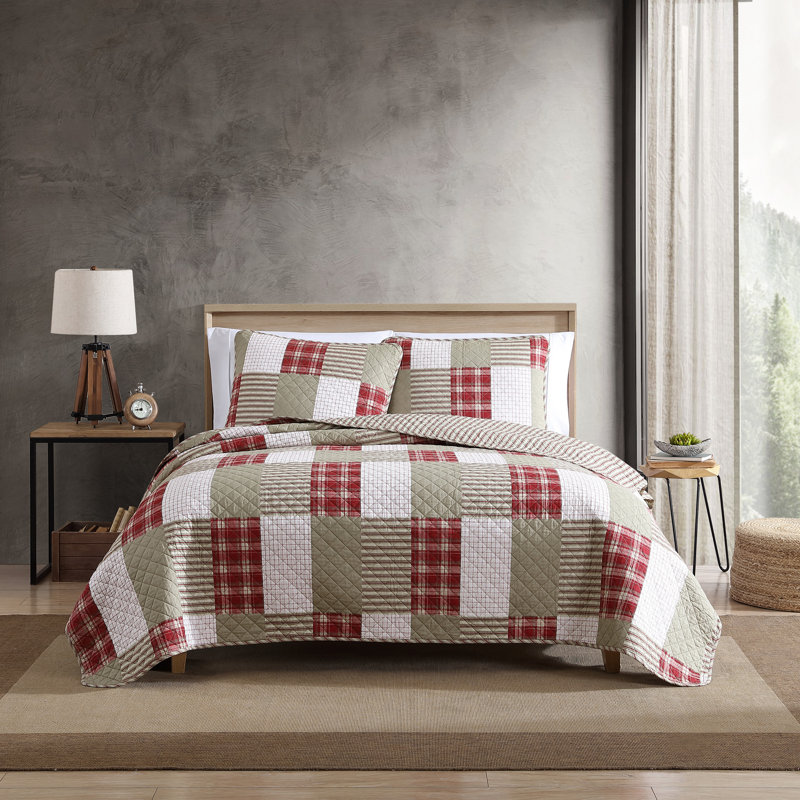 Fairview Eddie Bauer Reversible Cotton Quilt Set, Twin Quilt + 1 Standard Sham, Red