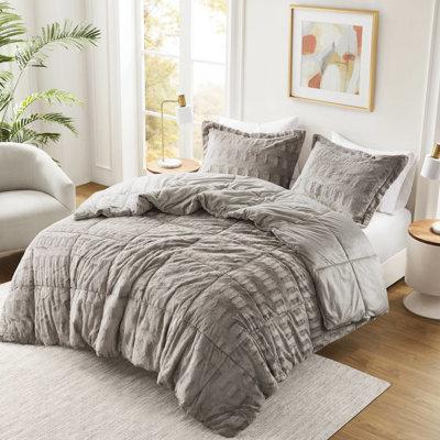 2 Pcs Twin/Twin Xl Faux Fur Comforter Mini In Gray, Solid Design, Stylish Brushed Fur, Filling, Soft Mink Reverse, Shams With - Inch Flange, Material Flange