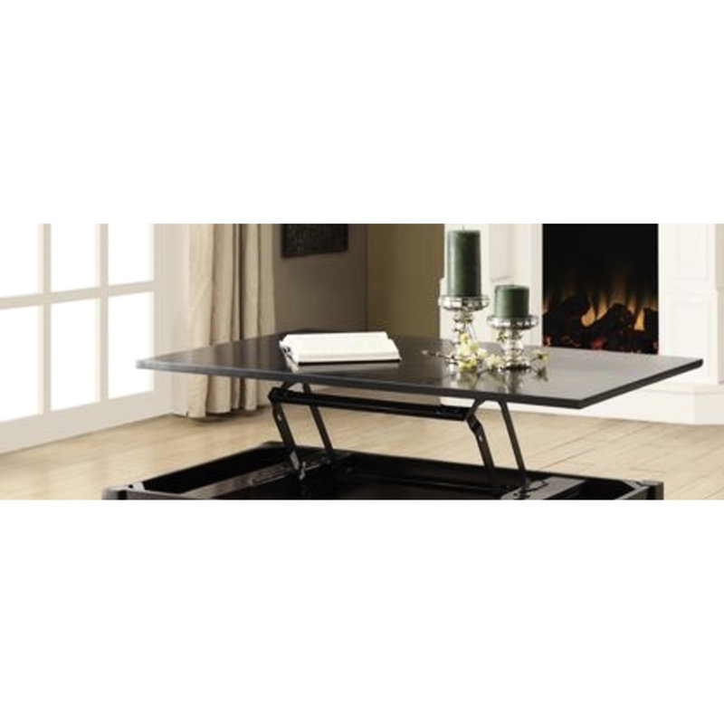 Table basse à plateau relevable en noir avec amplement de rangement et tablette cachée de forme rectangulaire