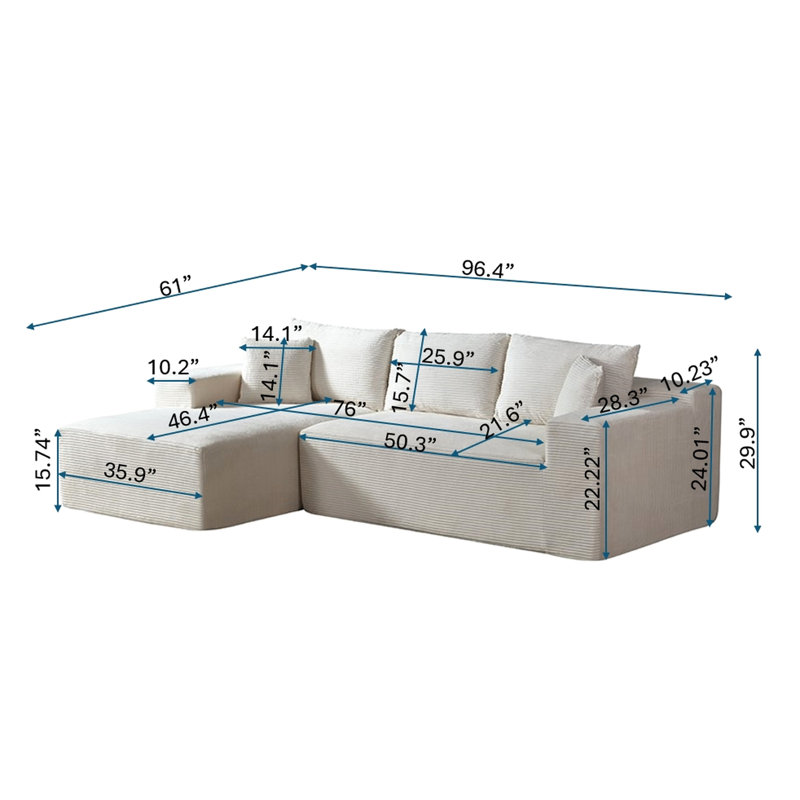 Canapé d'angle convertible en velours côtelé beige, 2 places, format L, compact et avec coussins, idéal pour un salon d'angle.